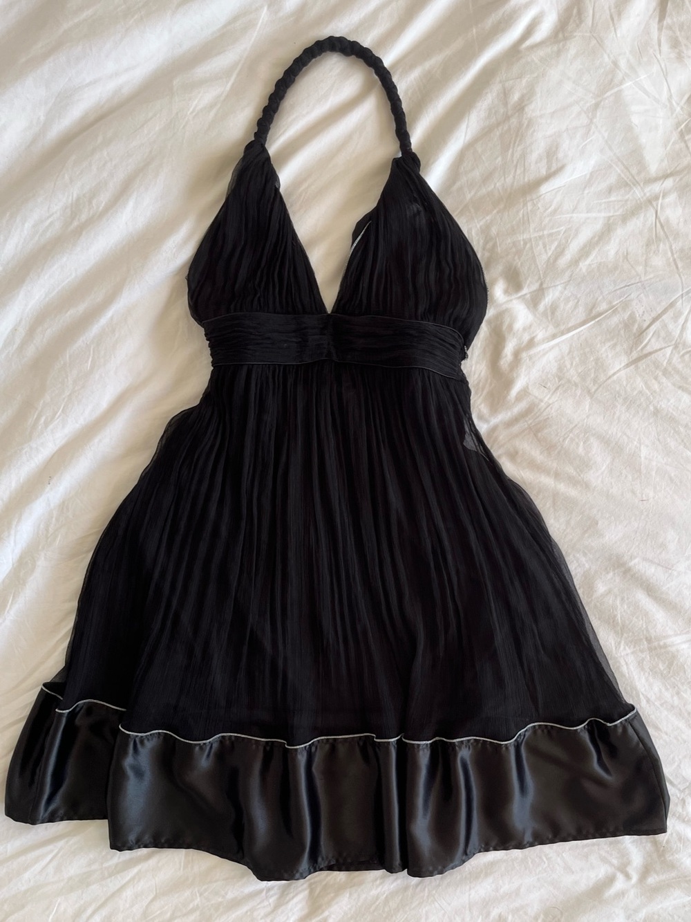 Y2K Black Silk Chiffon Halter Dress with Satin Silk Trim and Silver Hems